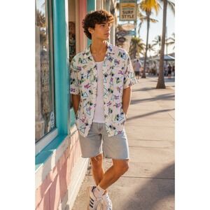 City Streets Mens Large Beach Bum Retro Geometric Palm Tree Button‎ Up Shirt 80s